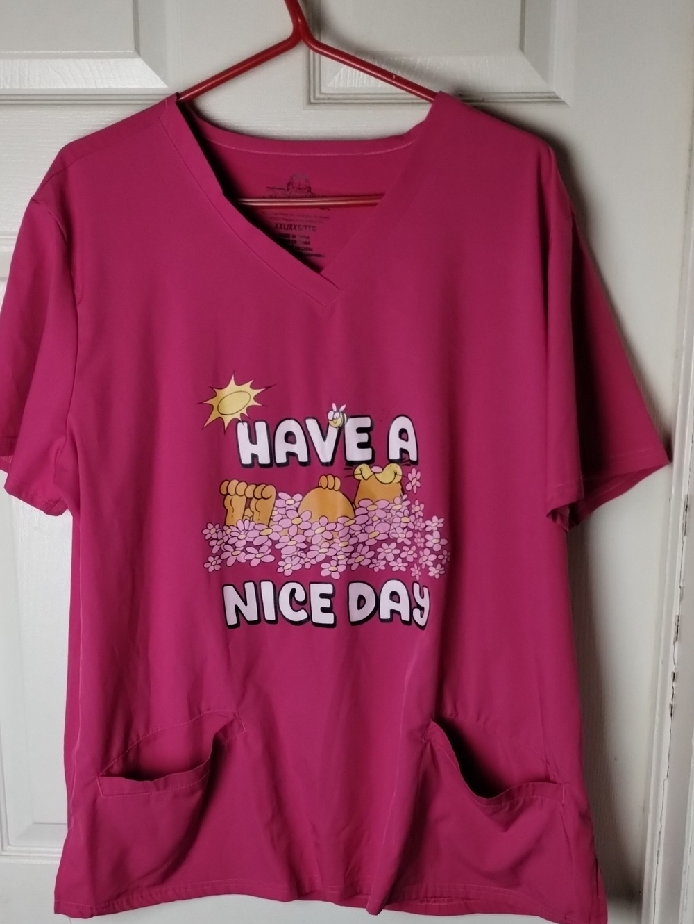 Bright Pink "Have A Nice Day" Garfield Bathing In Flowers .Graphic Top. XXL